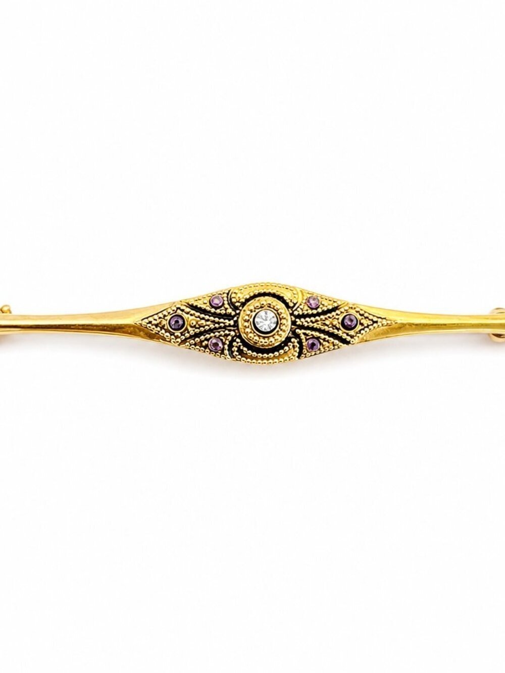 Vintage Ornate Gold Bar Brooch | Intricate Filigree | Diamond Center & Amethyst